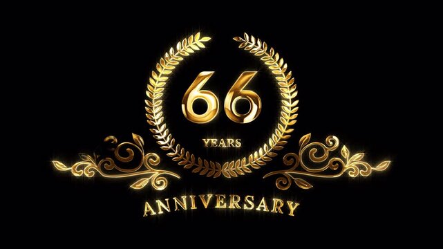 66th Anniversary Celebration. Happy 66 Years Anniversary Animation in Gold Color on the Transparent Background, Alpha Channel. Great for greetings, celebrations, events, and gifts.