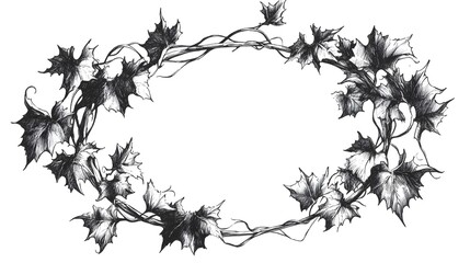 Fototapeta premium Autumn Leaves Wreath in Monochrome Sketch Style
