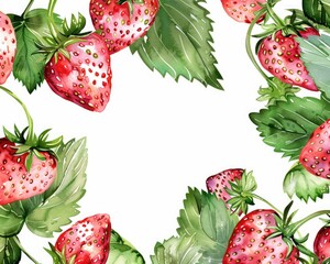 Summer Strawberry Garden. Elegant Watercolor Frame with Red Berries and Green Leaves