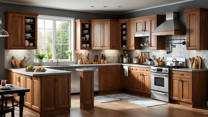 Fototapeta premium Modern kitchen interior with wood cabinets and stainless steel appliances.