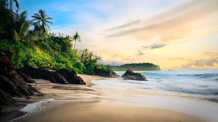 Tranquil beach scene with palm trees and golden sunset.