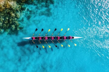 A striking aerial view captures a synchronized eight-person rowing team gliding efficiently through clear, turquoise water, demonstrating teamwork and coordination.