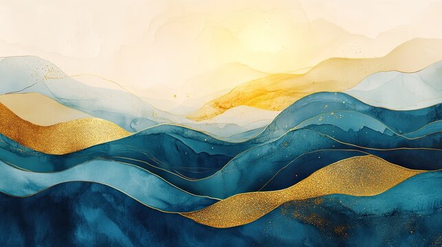 Abstract, Graphic composition, Color mixing, Texture, Geometry, Golden elements, Art, Golden lines, Watercolor, Landscape, Landscape, Vector illustration 