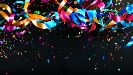 Festive confetti and streamers cascade on dark backdrop