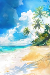 Naklejka premium Tropical Bliss. Hand-drawn Watercolor Seaside Landscape with Sandy Beach and Clear Blue Ocean