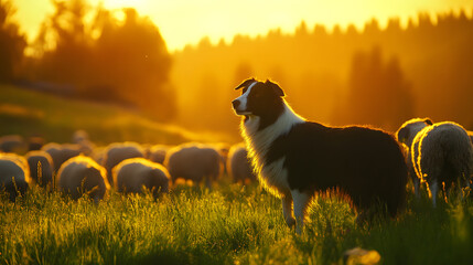 A Border Collie puppy running through a grassy field with sheep and a meadow in the background