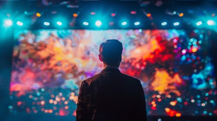 An entrepreneur presenting a pitch in front of a large bright LED screen