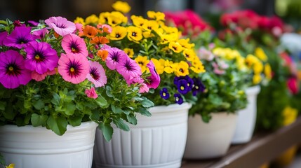 Vibrant potted flowers, white ceramic planters, colorful petunias, pansies, and marigolds, garden variety, lush foliage, spring bloom display, outdoor terrace setting.