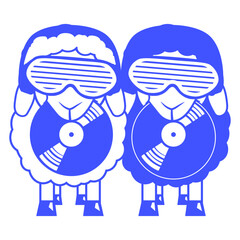 Music DJ Sheep Animals Team Friends Sunglasses Headphone Holding Mouth Record Plate Vinyl party comic humor cartoon cool techno dance fun electro sounds lovers like disco rave club festival concert