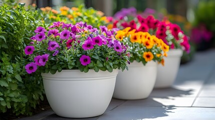 Vibrant potted flowers, white ceramic planters, colorful petunias, pansies, and marigolds, garden variety, lush foliage, spring bloom display, outdoor terrace setting.