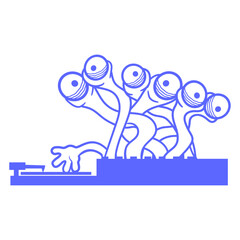 Music DJ Many Eyes Monster Horror Halloween Spooky Alien Sunglasses Headphone Mixing Console party comic humor cartoon cool techno dance fun electro sounds lovers like disco rave club festival concert