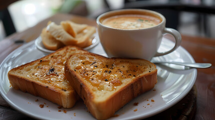 hot tea ,Grilled Butter Bread Topped with sweetened condensed milk / Cappuccino