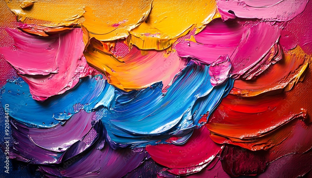 Poster background of layered brushstrokes with vibrant acrylic paint on textured canvas
