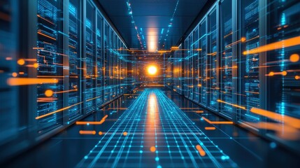 Obraz premium A futuristic data center with glowing servers and digital connections, representing advanced technology and innovation.