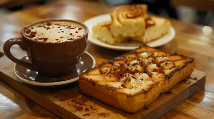hot tea ,Grilled Butter Bread Topped with sweetened condensed milk / Cappuccino