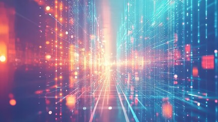 Fototapeta premium A vibrant digital landscape filled with glowing lines and particles, representing a futuristic technology and data visualization theme.