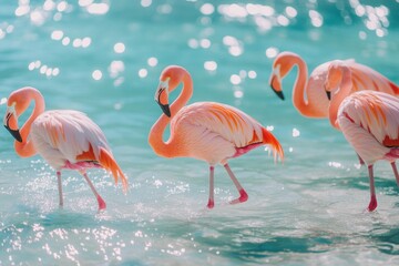 Obraz premium A group of flamingos stands at a watering hole in the lake
