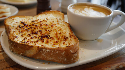 hot tea ,Grilled Butter Bread Topped with sweetened condensed milk / Cappuccino