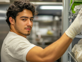 Fototapeta premium Man cleaning the inside of a refrigerator