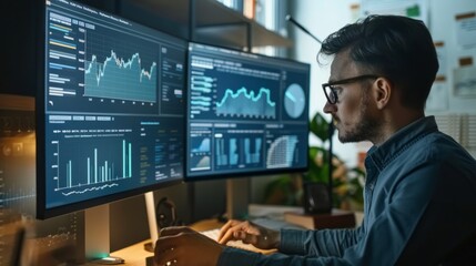 A man is working on a computer with two monitors