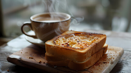 hot tea ,Grilled Butter Bread Topped with sweetened condensed milk / Cappuccino