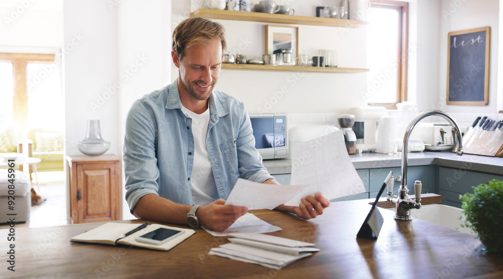 Wall mural Happy, man and documents with tablet at house for financial planning, bank balance and debt payment. Male person, smile and paperwork for budget savings, property insurance and credit score growth