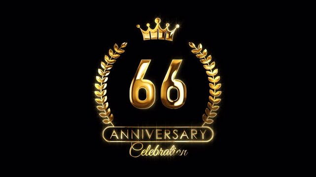66th Anniversary Celebration. Happy 66 Years Anniversary Animation in Gold Color on the Transparent Background, Alpha Channel. Great for greetings, celebrations, events, and gifts.