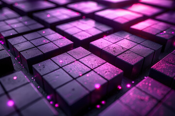 Futuristic Digital Blocks at Night with Neon Glowing Lights 