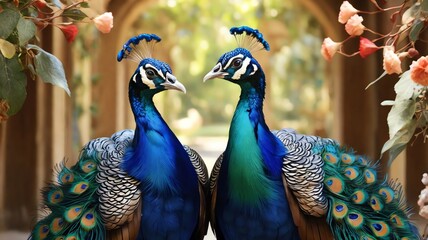 A picture of a peacock with its feathers spread out