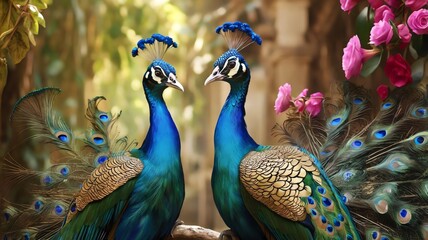 A picture of a peacock with its feathers spread out