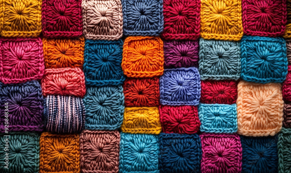 Aufkleber background of crochet squares with multicolored yarns in a patchwork arrangement