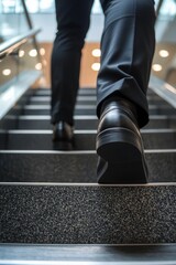 Fototapeta premium Close up of a determined businessman feet climbing a flight of stairs in a corporate building, symbolizing the steps to success and achievement.