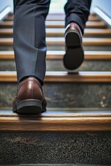 Close up of a determined businessman feet climbing a flight of stairs in a corporate building, symbolizing the steps to success and achievement.