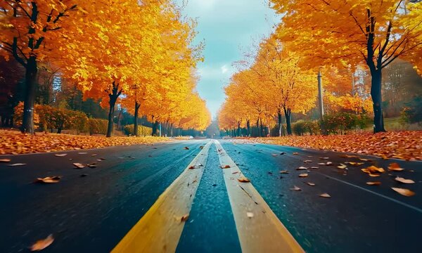 First person perspective of walking on an autumn street lined with yellow trees. Fall season, low angle image, PoV