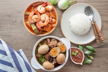 Various of thai foods , thai food set on wooden table, top view food table
