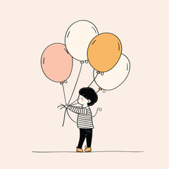 Cute illustration of a little child holding three large balloons, in a minimalist style.
