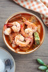 Shrimp Sour Soup with vegetable omelet , thai food, top view food table