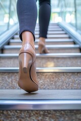 Close up of a determined businesswoman feet climbing a flight of stairs in a corporate building, symbolizing the steps to success and achievement.