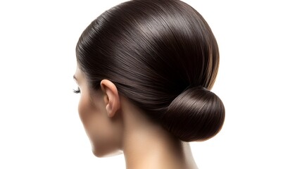 Naklejka premium Elegant Low Bun Hairstyle with Center Part on White Background