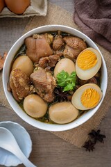 Seasoned eggs, hard boiled eggs  with pork Stewed in Chinese Five Spices Sauce,Five Spice Egg with pork, thai called kao pa lo, boiled eggs and pork in brown soup