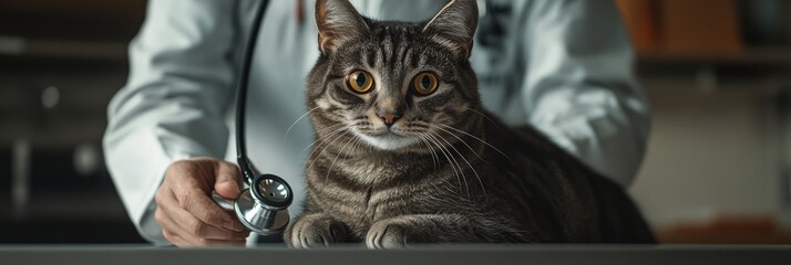 A skilled and professional veterinarian is diligently examining a cat in a clinic setting, utilizing tools such as a stethoscope for accurate diagnosis and assessment of the felines health