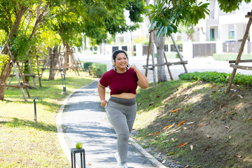Bride Running outdoor woman. beautiful young chubby overweight woman in sportswear doing exercise...