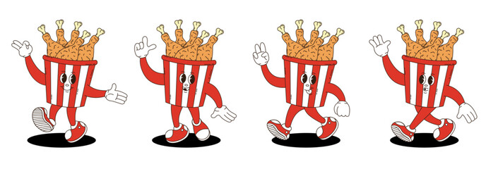Retro groovy fried chicken legs in a paper bucket characters set. © Ekaterina Karikh