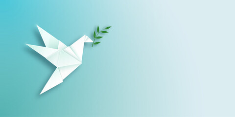 International Day of Peace. Flying dove with olive branch on light background. Vector illustration.