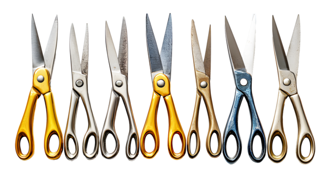 Set of Multi-colored scissors lined up in row isolated on cut out PNG or transparent background. Equipment facilitates cutting small workpieces such paper, cloth, rope, and wires by force to cut.
