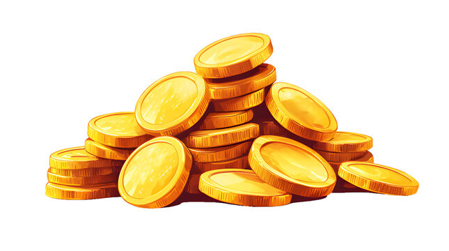Stacks of yellow gold coins cartoon Illustration isolated on cut out PNG or transparent background. Money coin stack pile. Business and finance concept design and ancient treasures.