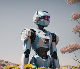 A robot with blue and white body stands in a field of yellow flowers