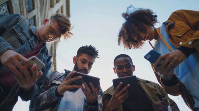 Four people are standing together, all looking at their cell phones