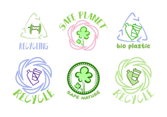 Ecologic labels. Recycle, safe planet Eco emblems, green logo lettering. Sticker or ecological sign concept.