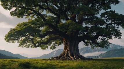 Obraz premium A large tree with wide branches and roots, bathed in sunlight